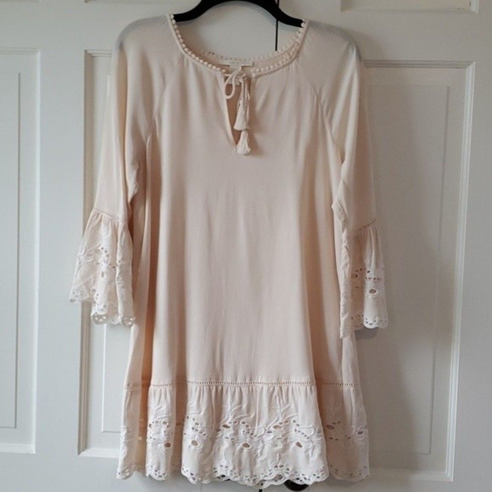 EYELET SHIFT DRESS LACE RUFFLE PALE BLUSH PINK SIZE MEDIUM GIRLY BALLET ROMANTIC